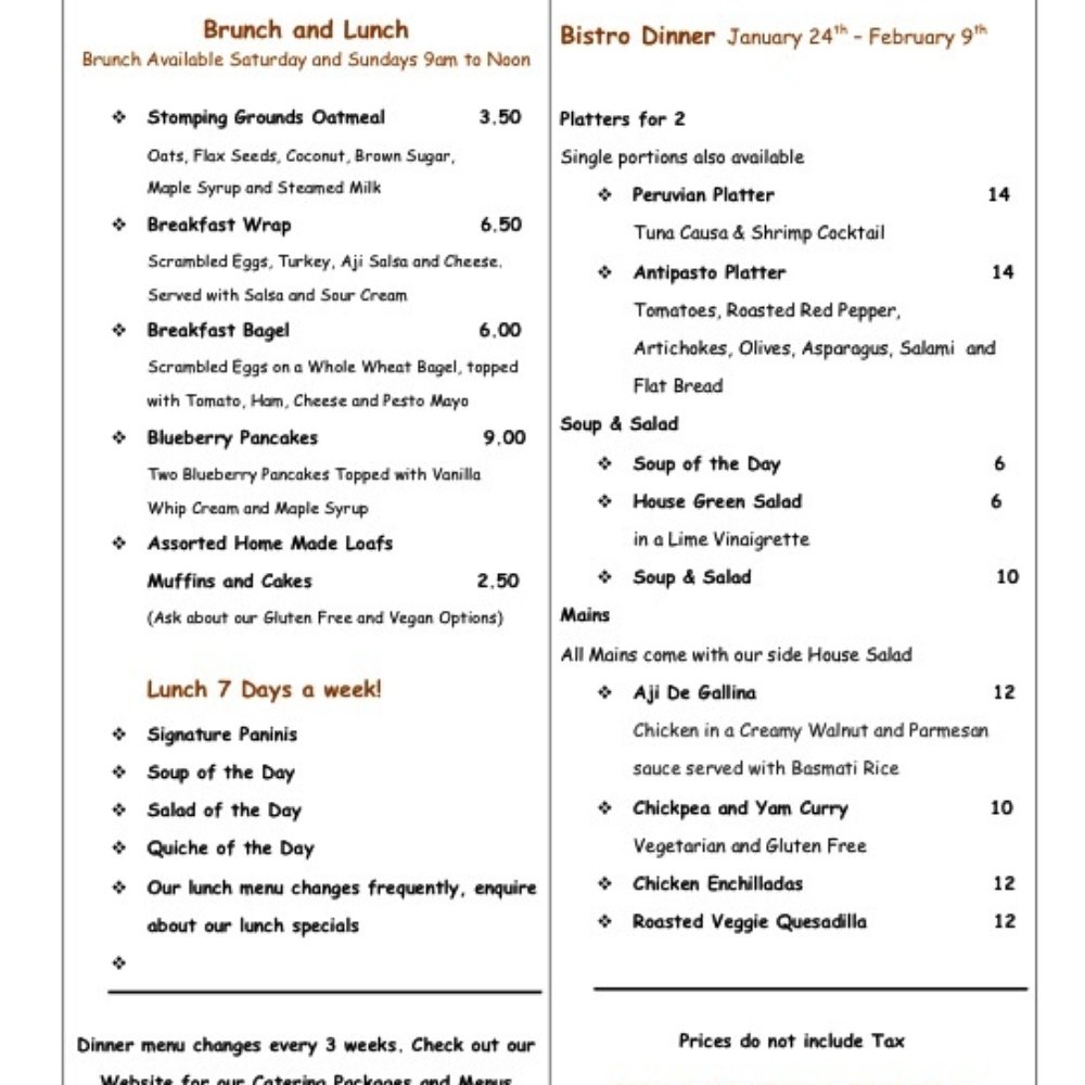 Stomping Grounds - Feb 2013 Menu - Cafes Near Me - Pitt Meadows, British Columbia Stomping Grounds - Feb 2013 Menu - Cafes Near Me - Pitt Meadows, British Columbia