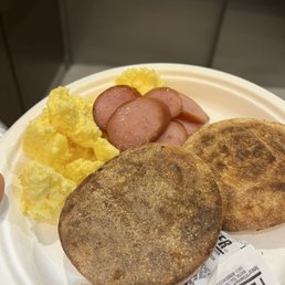 Room temperature powdered eggs and sliced kielbasa. Room temperature powdered eggs and sliced kielbasa.