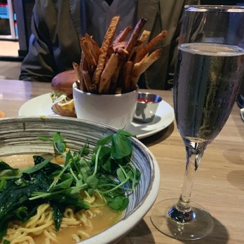 Moxies - Miso ramen (sans egg) with a glass of Prosecco, and a chicken burger with a gluten free bun. - Cocktail Bars Near Me - Houston, Texas Moxies - Miso ramen (sans egg) with a glass of Prosecco, and a chicken burger with a gluten free bun. - Cocktail Bars Near Me - Houston, Texas
