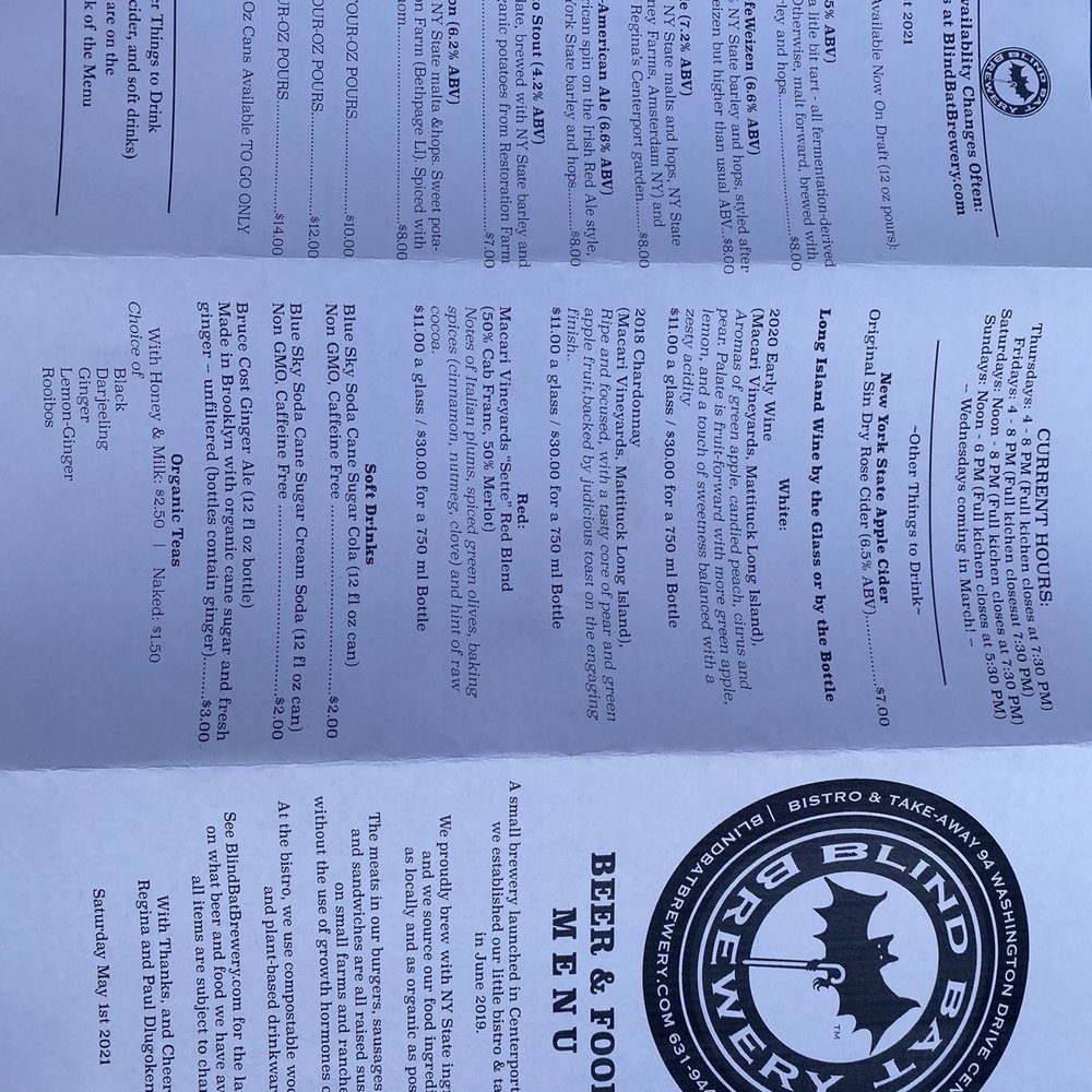 Blind Bat Brewery Bistro - Menu - Brewpubs Near Me - Centerport, New York