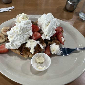 Himes Breakfast House - Waffles with bananas, strawberries and fresh!!! whipped cream plus special espresso syrup. Delicious!!! - Breakfast & Brunch Near Me - Brandon, Florida Himes Breakfast House - Waffles with bananas, strawberries and fresh!!! whipped cream plus special espresso syrup. Delicious!!! - Breakfast & Brunch Near Me - Brandon, Florida