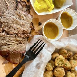 Melvin's BBQ - James Island - Brisket slices and okra.  Amazing!!!!