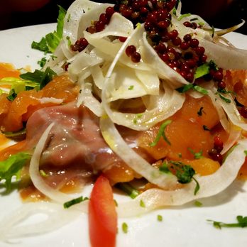 That's Amore - Thinly sliced salmon and citronēt. Citrus dressing with pink pepper served on salad. - Italian Near Me - Rome, RM That's Amore - Thinly sliced salmon and citronēt. Citrus dressing with pink pepper served on salad. - Italian Near Me - Rome, RM