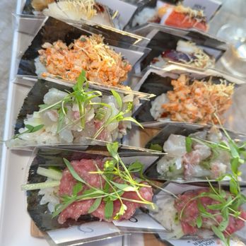 Sora - Black cod miso phyllo, Spicy lobster, butter poached, tobiko, shish, crispy potato, Salmon truffle, Toro truffle jalapeo - Sushi Bars Near Me - Los Angeles, California Sora - Black cod miso phyllo, Spicy lobster, butter poached, tobiko, shish, crispy potato, Salmon truffle, Toro truffle jalapeo - Sushi Bars Near Me - Los Angeles, California