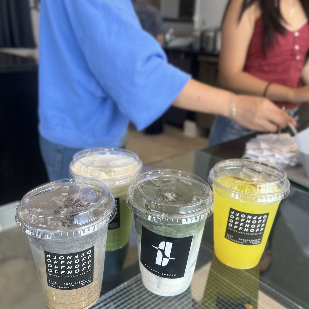 OFFNOFF COFFEE - Left to right: OFF latte, matcha einspanner, SUK, something's off lemonade - Coffee & Tea Near Me - La Palma, California OFFNOFF COFFEE - Left to right: OFF latte, matcha einspanner, SUK, something's off lemonade - Coffee & Tea Near Me - La Palma, California