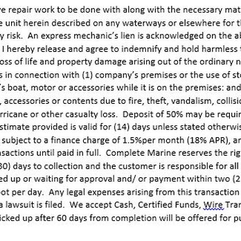 Complete Marine - Had the wife sign a black page with this verbiage, failed to mention the $169 hr, never got a quote. - Boat Dealers Near Me - Pompano Beach, Florida