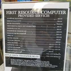 First Resource Computers - Provided services and prices as of 10/17/17