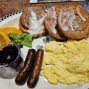 Black Bear Diner - Bear's Choice with sausage, scrambled eggs, and cinnamon roll french toast - Diners Near Me - Colma, California