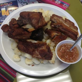 Copacabana Deli Coffee Shop - Chicharron with mote (hominy) and chuño (dehydrated potato) with some spicy salsa on the side called llajua. Yummy! - Cafes Near Me - Newark, New Jersey Copacabana Deli Coffee Shop - Chicharron with mote (hominy) and chuño (dehydrated potato) with some spicy salsa on the side called llajua. Yummy! - Cafes Near Me - Newark, New Jersey