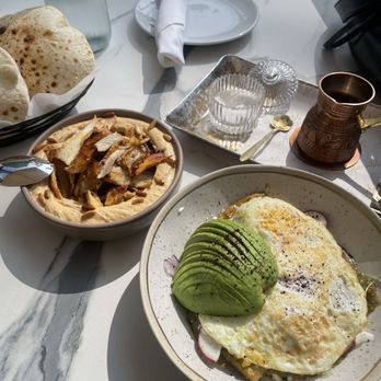 Ammatoli - Chilaquiles and Hummus Topped with chickwn Shawarma - Mediterranean Near Me - Long Beach, California