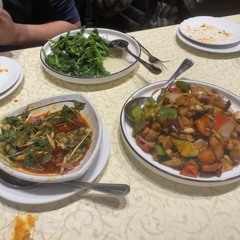 The Mandarin - 蒜蓉大豆苗 Garlic Pea Shoots ($30), 麻辣牛筋Spicy Beef Tendon ($18), and 宫爆鸡丁 Kung Pao Chicken ($20) - Chinese Near Me - Menlo Park, California