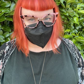 Daydream Salon Studio - bright copper with peach block color and betty bangs - Hair Salons Near Me