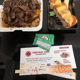 Beef and chicken teriyaki and sushi Beef and chicken teriyaki and sushi