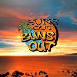 Suns Out Buns Out - Logo over Maui sunset