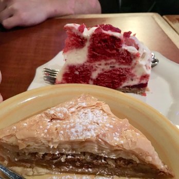 Mediterraneo Family Restaurant - Dessert! Back: strawberry yogurt cheesecake Front: Greek baklava (walnuts & honey) - Greek Near Me - Waterloo, Ontario Mediterraneo Family Restaurant - Dessert! Back: strawberry yogurt cheesecake Front: Greek baklava (walnuts & honey) - Greek Near Me - Waterloo, Ontario