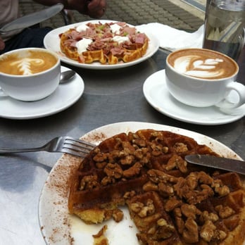 Empire Roasters & Records - Honey/cinnamon/walnut waffle in foreground ham/scallions/creme fraiche waffle in background - Coffee & Tea Near Me - Seattle, Washington