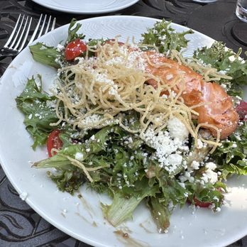 Il Pizzaiolo - Salmon Salad with goat cheese and grape tomatoes with balsamic dressing and crispy vermicelli straws. - Italian Near Me - Warrendale, Pennsylvania Il Pizzaiolo - Salmon Salad with goat cheese and grape tomatoes with balsamic dressing and crispy vermicelli straws. - Italian Near Me - Warrendale, Pennsylvania