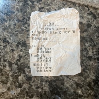 WaBa Grill - Not even a decent real receipt. So... - Fast Food Near Me - Ontario, California