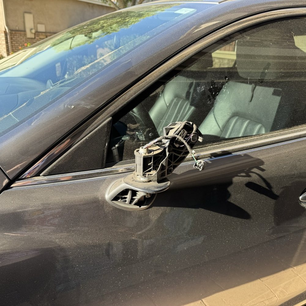 Fix Auto Fontana - Severed Drivers side mirror with scraped drivers window and rubber markings on the windshield and A Pillar. - Body Shops Near Me - Fontana, California Fix Auto Fontana - Severed Drivers side mirror with scraped drivers window and rubber markings on the windshield and A Pillar. - Body Shops Near Me - Fontana, California