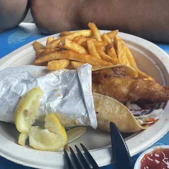 Harbor Fish Cafe - Fish taco (fried) and fries. - Seafood Near Me - Carlsbad, California