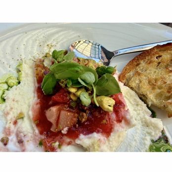 Hersh's - Housemade Stracciatella: the creamiest burrata, fresh & pickled green strawberries, strawberry-jam, pistachios, lemon & basil oil - Pizza Near Me - Baltimore, Maryland