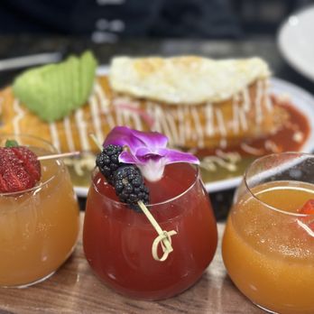 Tata's Cafe - Mimosa flight w Cheese Crusted Chorizo Burrito - Breakfast & Brunch Near Me - Hawthorne, California