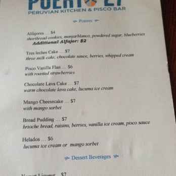 Puerto 27 Peruvian Kitchen & Pisco Bar - Dessert menu - Peruvian Near Me - Pacifica, California Puerto 27 Peruvian Kitchen & Pisco Bar - Dessert menu - Peruvian Near Me - Pacifica, California