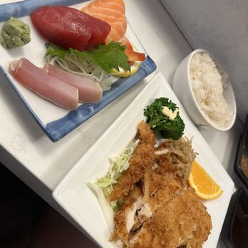 Miyuki Restaurant - 3 Dinner combo of sashimi, chicken katsu and chicken teriyaki. Chicken teriyaki not pictured. - Sushi Bars Near Me - Watsonville, California Miyuki Restaurant - 3 Dinner combo of sashimi, chicken katsu and chicken teriyaki. Chicken teriyaki not pictured. - Sushi Bars Near Me - Watsonville, California