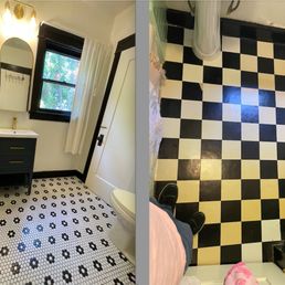 The new tile is on the left.  The old linoleum is on the right