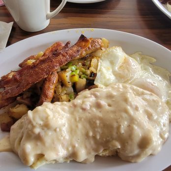 Soup Shoppe - Garbage Plate with eggs, sausage, bacon, home fries, and sausage and biscuits. $13.50 - Breakfast & Brunch Near Me - Riverside, California
