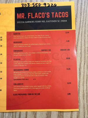 Menu photo 1 Mr. Flaco's Tacos Eastover, SC Menu photo 1 Mr. Flaco's Tacos Eastover, SC