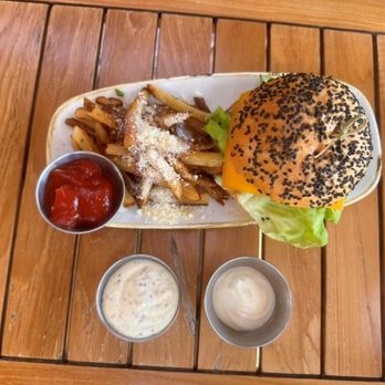 Monkeypod Kitchen - kids hamburger with truffle fries - Hawaiian Near Me - Kapolei, Hawaii Monkeypod Kitchen - kids hamburger with truffle fries - Hawaiian Near Me - Kapolei, Hawaii