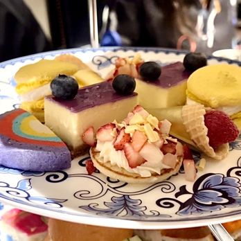 Notch8 Restaurant & Bar - Afternoon Tea Sweets (rainbow shortbread, cheesecake with blueberries, blini with strawberries, waffle cone, lemon macarons) - Bars Near Me - Vancouver, British Columbia