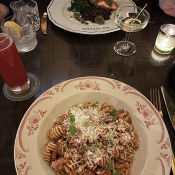 Via Vecchia - Radiatori Pasta, Salmon Piccata, Wink and Nod cocktail (pink drink), 50/50/50 Martini - Italian Near Me - Portland, Maine