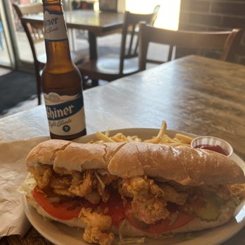 BB's Tex-Orleans - Bedtime in the Bayou (fried gulf shrimp, dressed) with a Shiner Light Blonde - Cajun/Creole Near Me - Houston, Texas BB's Tex-Orleans - Bedtime in the Bayou (fried gulf shrimp, dressed) with a Shiner Light Blonde - Cajun/Creole Near Me - Houston, Texas