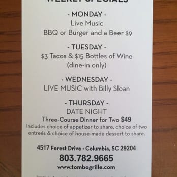 Tombo Grille - Specials! - New American Near Me - Columbia, South Carolina Tombo Grille - Specials! - New American Near Me - Columbia, South Carolina