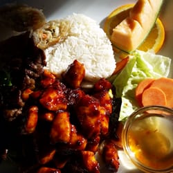 Saigon Thai Restaurant - Delicious dinner special. Spicy chicken, beef, sticky rice, soup, spring rolls.