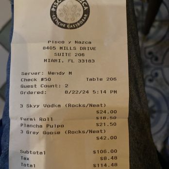 Pisco Y Nazca - Receipt - Gastropubs Near Me - Kendall, Florida Pisco Y Nazca - Receipt - Gastropubs Near Me - Kendall, Florida