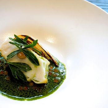 Fenchurch Restaurant - North Sea monkfish, BBQ cabbage, Thai green mussel sauce (£37). - Modern European Near Me - London, XGL