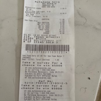 AutoZone - My receipt for my tiny can of WD-40 and a bottle of SEAFOAM! - Auto Parts & Supplies Near Me - Honolulu, Hawaii AutoZone - My receipt for my tiny can of WD-40 and a bottle of SEAFOAM! - Auto Parts & Supplies Near Me - Honolulu, Hawaii