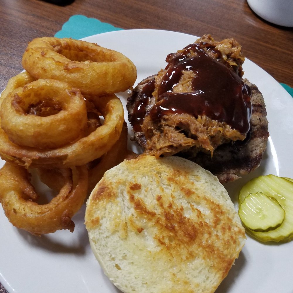 The Farmer’s Table - A burger topped with pulled pork! ABSOLUTELY wonderful! - Breakfast & Brunch Near Me - Blossburg, Pennsylvania