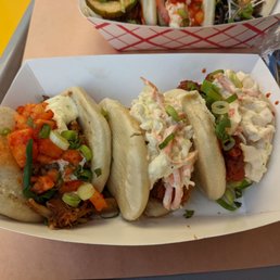 Pork belly, soy fried chicken, spicy fried chicken