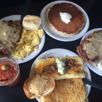 Hudson - 2x Country fried steak, side of pancake, brisket omelet, and a Bloody Mary. - New American Near Me - Seattle, Washington