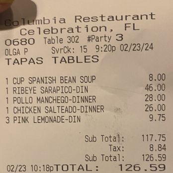 Columbia Restaurant - Our bill - Spanish Near Me - Celebration, Florida Columbia Restaurant - Our bill - Spanish Near Me - Celebration, Florida