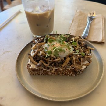 Scorpio Coffee - Iced vanilla latte Mushroom Toast - Coffee & Tea Near Me - Sacramento, California