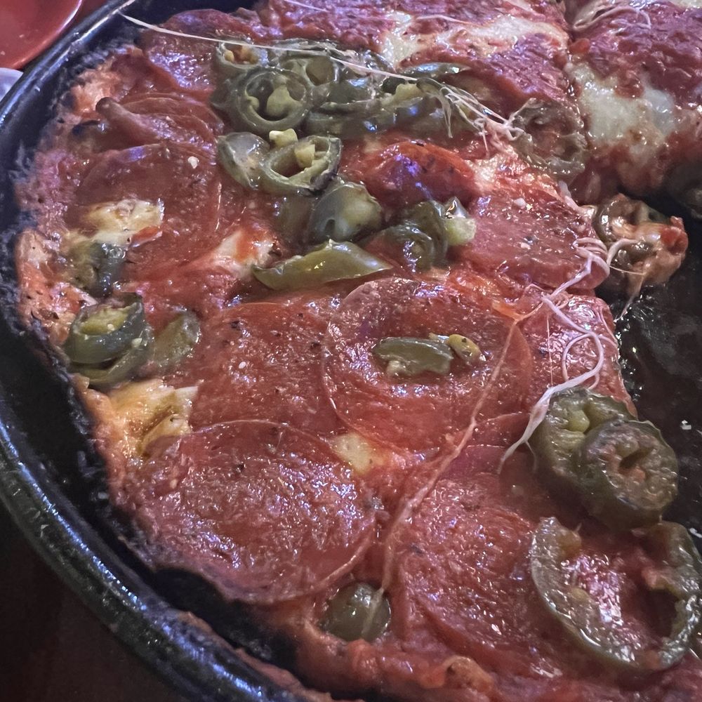Pequod's Pizza - Pequod's 14" Medium Pan Pizza, Pepperoni and Jalapeño. - Pizza Near Me - Morton Grove, Illinois Pequod's Pizza - Pequod's 14" Medium Pan Pizza, Pepperoni and Jalapeño. - Pizza Near Me - Morton Grove, Illinois