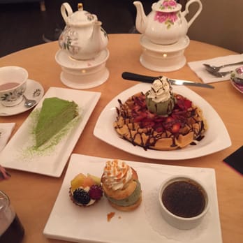 Prince Tea House - Green tea mille crepe cake, waffle and trio combo (fruit tart, pate a choux with green tea ice cream and goma creme brulee) - Desserts Near Me - Brooklyn, New York