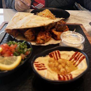 The Dough Show - Jacksonville - Mixed platter: chicken & lamb kabab, chicken & lamb kafta, & 3 of your choice sides: Rice, hummus, & tabouli. - Desserts Near Me - Jacksonville, Florida
