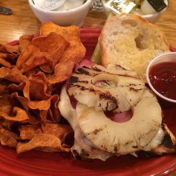 Flat Creek Inn - Hawaiian chicken sandwich with sweet potato chips - Hotels Near Me - Hayward, Wisconsin Flat Creek Inn - Hawaiian chicken sandwich with sweet potato chips - Hotels Near Me - Hayward, Wisconsin