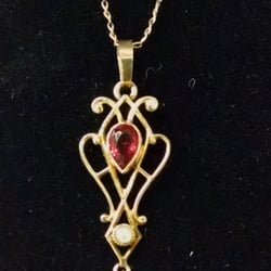 Antique Mall of Hays - Gorgeous large antique gold, ruby, pearl lavalier necklace $225